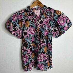 NWT Banjanan Floral Multicolor Puff Sleeve Blouse Short Sleeve Size XS